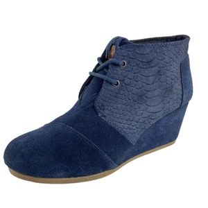 Toms Blue Suede Wedge Booties Lace Up